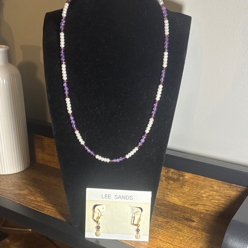 Purple and White Beaded Necklace and Earring Set